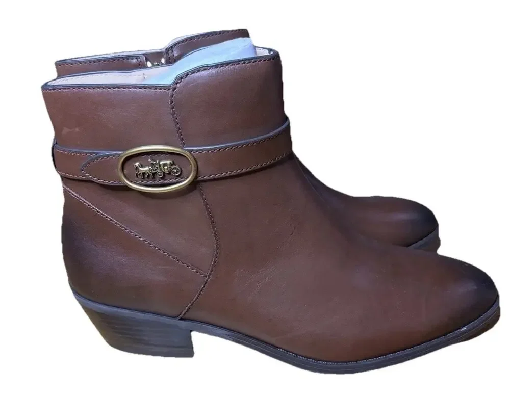 Coach Debi Walnut Brown Leather Ankle Booties Gold Heel Women's Size 10 NEW